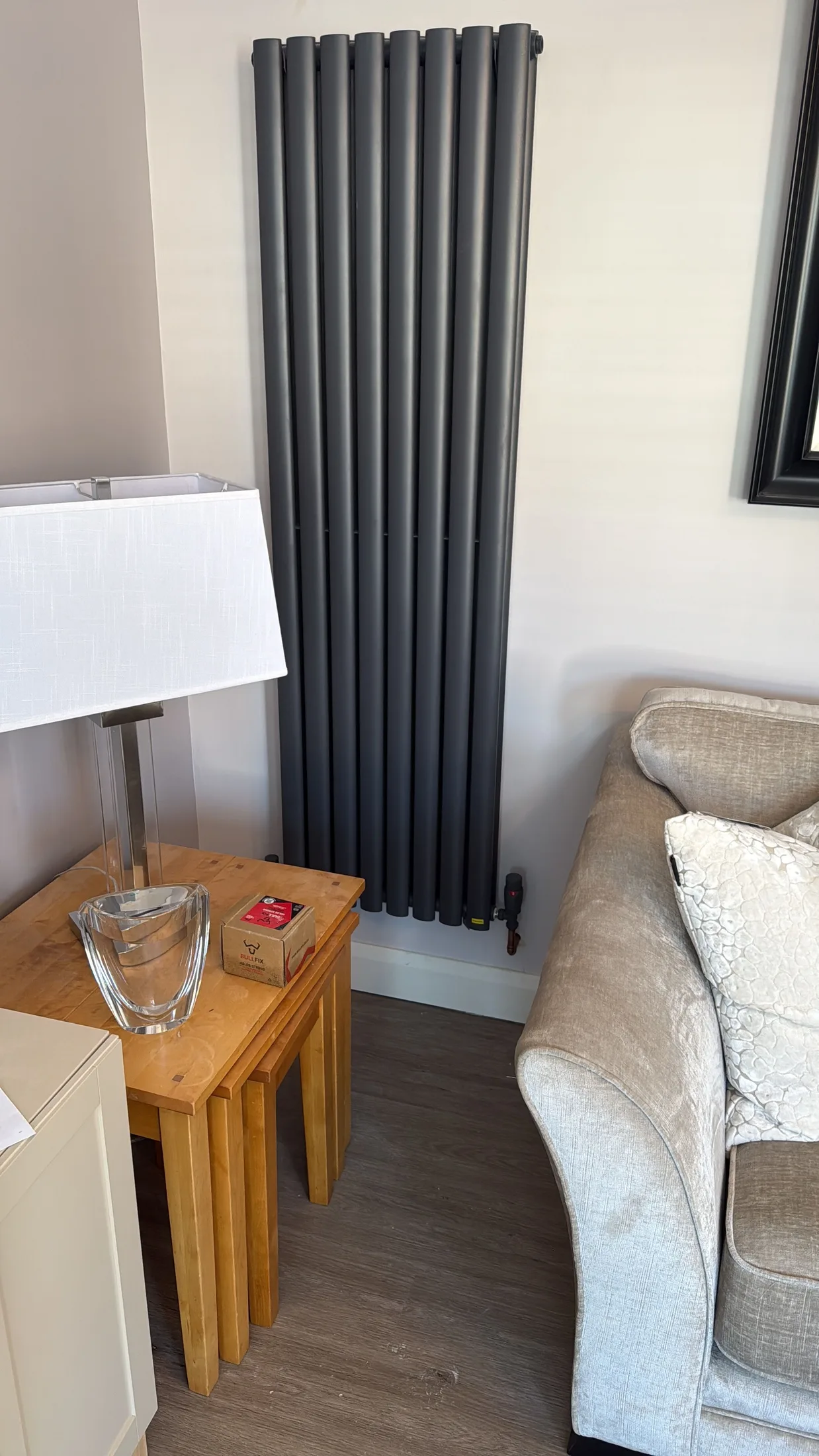 Anthracite vertical designer radiator fitted in a Glasgow living room