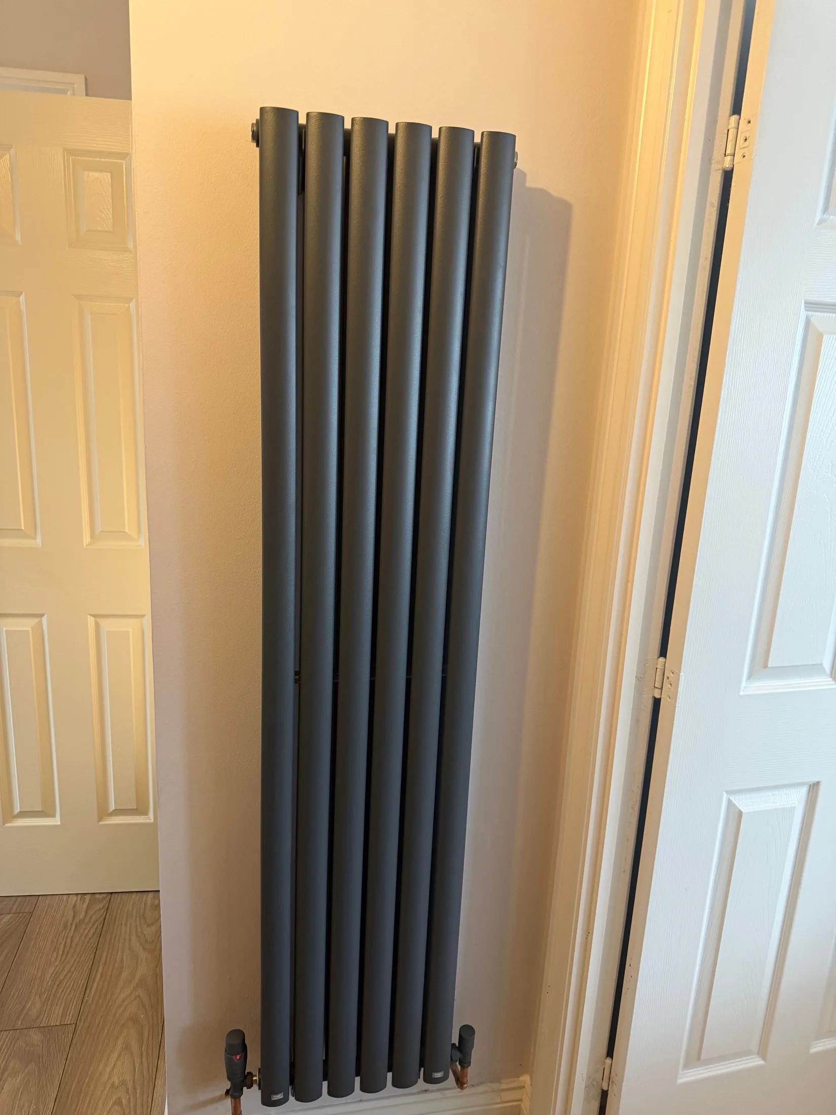 Tall anthracite column radiator installed in a hallway